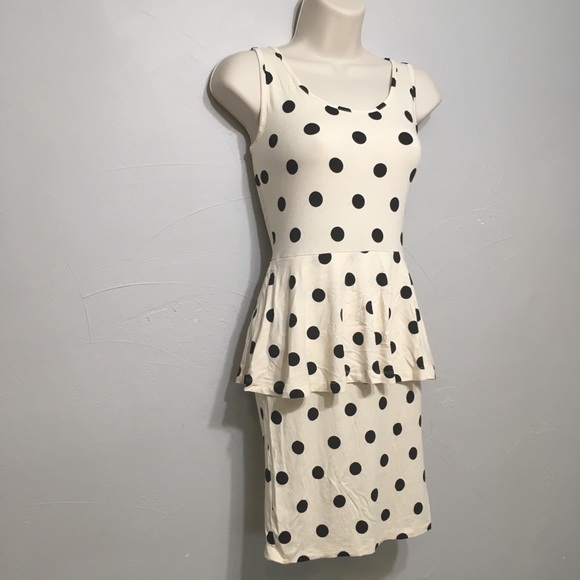 ASOS BLACK CREAM POLKA DOT PEPLUM RETRO MINI DRESS - Picture 3 of 8